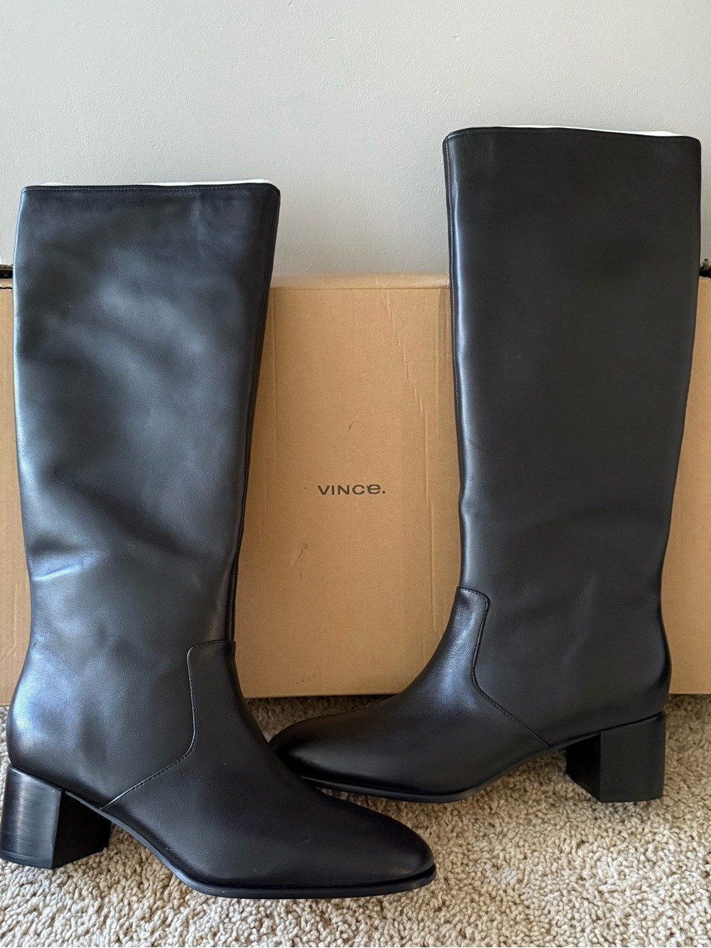 Vince Arabel Tall Black Leather Knee-High Block Heel Boots Size 9 EU 40